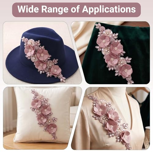 Handmade 3D Flower Embroidery Applique Rhinestone Lace Patches, Dusty Pink - color: Dusty Pink