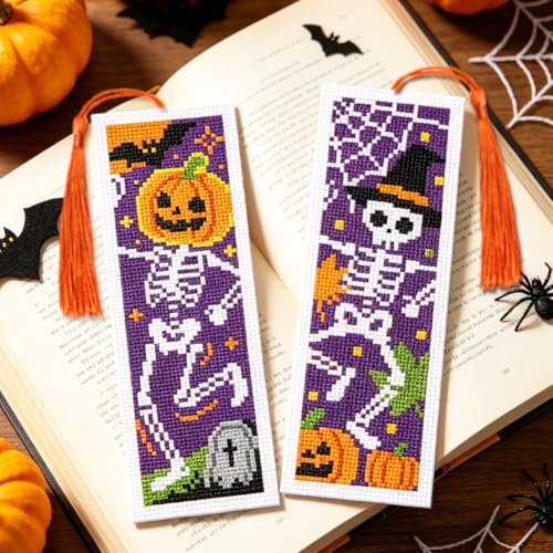 ACRNIGHEET 6PCS Cross Stitch Bookmark Kit (Halloween Skeleton Pattern) - style: Halloween Skeleton with Tassel