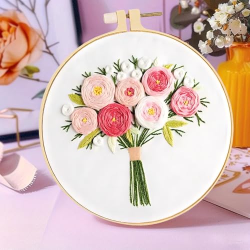 Huacan Embroidery Kits for Adults Beginner Stamped Flowers Pattern 4 Pcs DIY Cross Stitch Floral Stitching Sewing Kit 7.9 x 7.9 Inch - color: Flower 2
