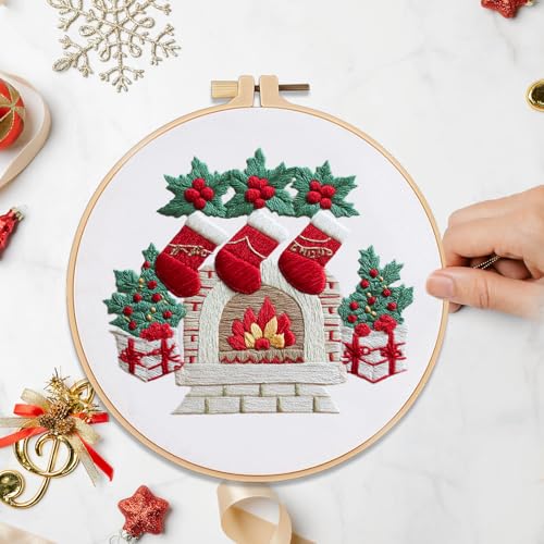 FONNUY Crewel Christmas Embroidery Kit for Beginners, Cross Stitch Set Winter Snow Scene Pine Owl Pattern for Adults, Easy to Follow Color Thread Needlework, 8'' Hoop (Fireplace) - style: Fireplace