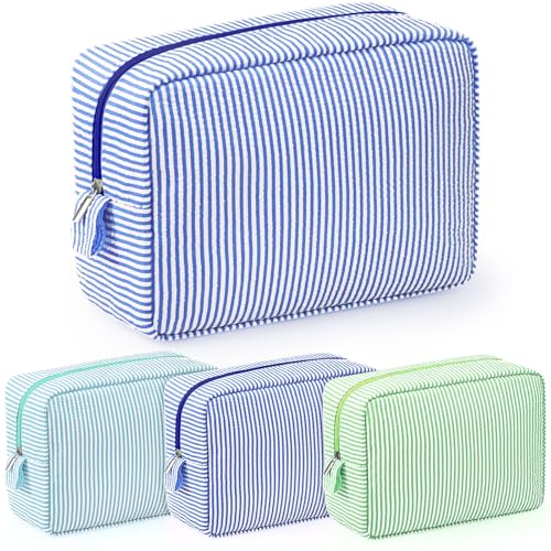 Sanwuta 3 Pcs Seersucker Makeup Bags, Navy Blue, Green, Lake Blue - color: Navy Blue, Green, Lake Blue