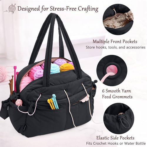MYBAGZING Large Crochet Bag Organizer w/Crochet Hook Case & Yarn Grommets - color: Black
