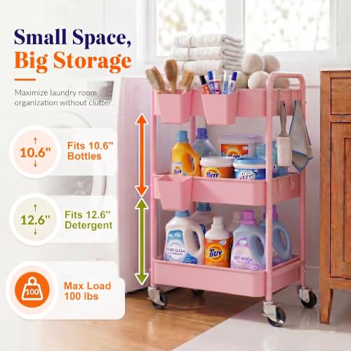3 Tier Rolling Cart Metal with Lockable Wheels,Pink Baby Diaper Caddy Carts - color: Soft Pink, size: 3 Tier + Cups + Hooks