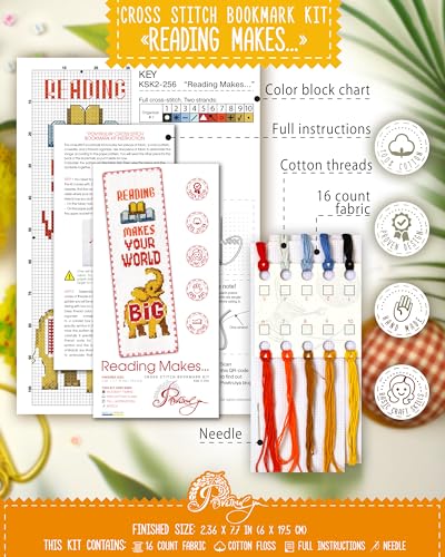 Povitrulya Counted Cross Stitch kit Reading Makes Your World Big - Embroidery Set for DIY Bookmark with 16 Count Blank Aida Fabric, Paper Pattern and presorted Floss - color: Reading Makes Your World Big
