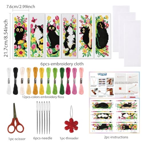 ORIGACH 6 Set Cat and Flower Cross Stitch Bookmark Kit for Beginner - style: Cat and Flower