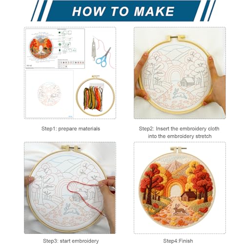 Zhenqing Autumn Forest Rabbit Embroidery Kit for Beginners, Fall Animal Craft Set with 20cm Hoop, Printed Design on 29x29cm Cotton Fabric, DIY Cozy Wall Art (C0162) - color: Autumn Forest Rabbit