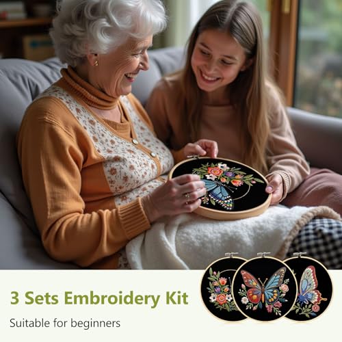 Santune Embroidery Kit Needlepoint Cross Stitch Kits for Beginners Adult Needle Point Sets with Butterfly Embroidery Patterns, Includes Step-By-Step Instructions and Accessories - color: Butterfly & Flower Series