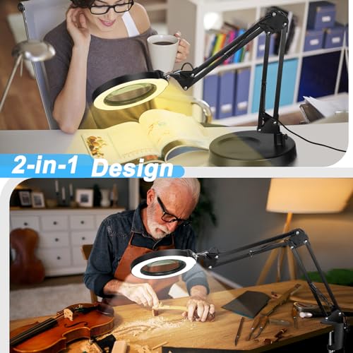 Coyeth 12X Magnifying Glass with Light and Stand, 5 Color Modes Stepless Dimmable 2-in-1 Lighted Magnifier with Clamp, LED Desk Lamp Hands Free for Crafts Hobby Reading Painting Sewing Close Work - color: Black, size: 12X 20inch Base & Clamp