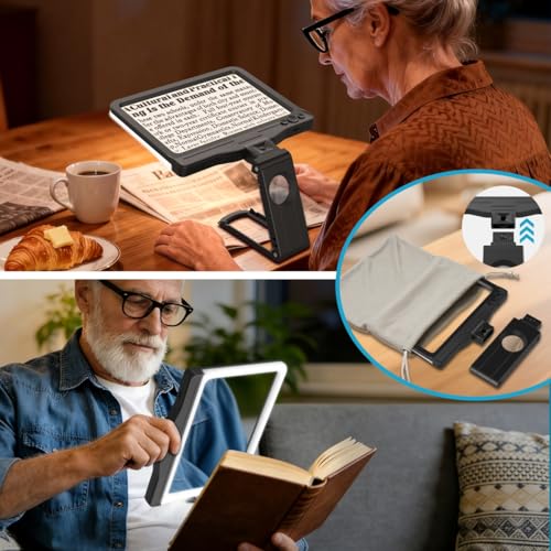 30X 5X Rechargeable Magnifying Glass for Reading, Large Full Page Magnifier with Folding Stand, 3 Color Light Modes, Dimmable LED Lighted, Hands Free Book Magnifier for Fine Prints Low Vision Seniors