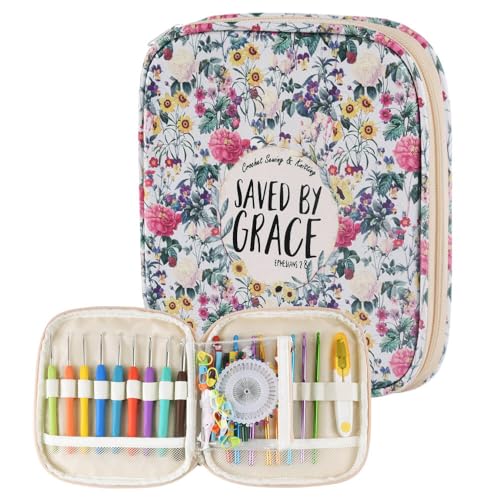 Crochet Hook Case,Portable Zipper Storage Organizer Bag for Crochet Hooks, Knitting Needles, Project & Sewing Supplies, Lightweight,Easy to Hold (No Accessories Included).Beige Flower Clusters - color: beige flower clusters