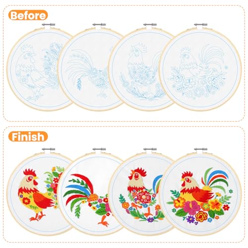 Rivvlive 4 Sets Funny Rooster Embroidery Kit with Embroidery Hoop Pattern Needlepoint Kit for Beginners and Adults Needlepoint Crafts Set with Needles Thread and Instruction DIY - style: Rooster
