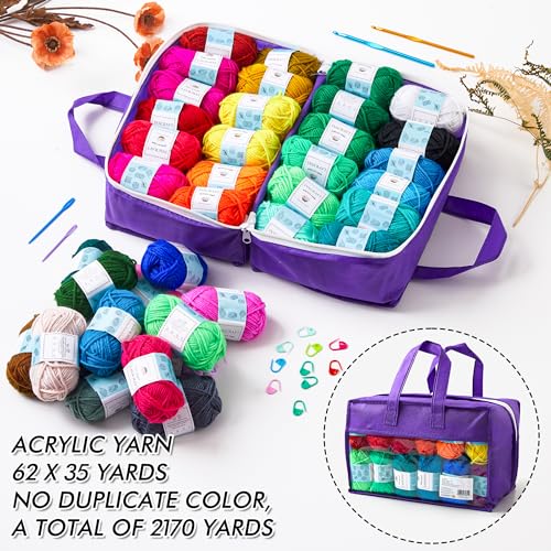INSCRAFT 62 Acrylic Yarn Skeins, 2170 Yards Yarn for Knitting, 2 Crochet Hooks, 2 Weaving Needles,10 Stitch Markers, 1 Purple Bag, Perfect Crochet Beginner Kit for for Adults - color: purple