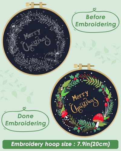 ERKOON Christmas Embroidery Kit for Beginners, Cross Stitch Set for Include Embroidery Cloth Hoops Threads for Craft Lover Hand Stitch with Embroidery Skill Techniques (Christmas Wreaths) - color: Christmas Wreaths