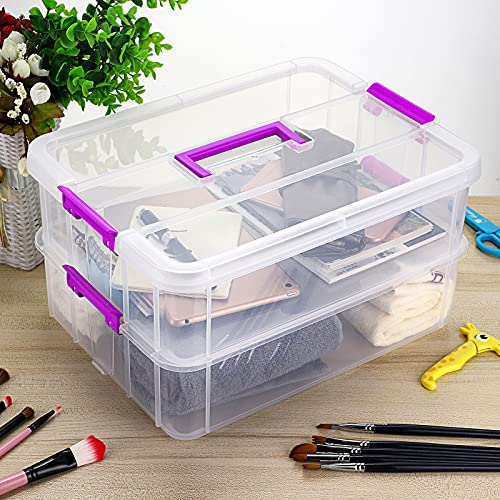 BTSKY 2 Layer Stack & Carry Box, Plastic Storage Container Box with Lid - color: Purple