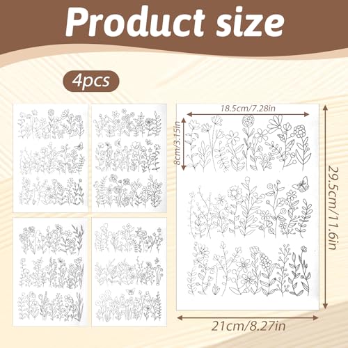4 Sheets Embroidery Flower Patterns, Stick and Stitch Embroidery Patterns for Hand Sewing, Water Soluble Pre-Printed Flower Embroiderys Transfer for Crafts