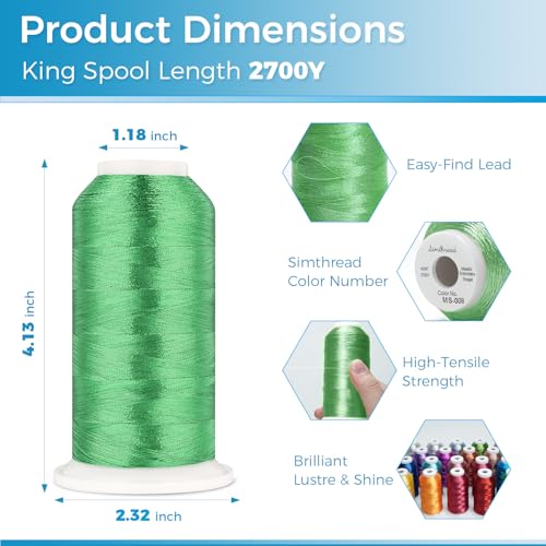 Simthread 2700 Yards Metallic Embroidery Machine Thread - Christmas Green MS-008, 40wt High-Sheen King Spool, Smooth Running & Break Resistant for Commercial & Home Embroidery Machines - color: Christmas Green MS-008