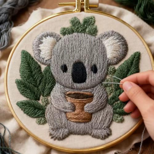 HCANPER Cute Koala Embroidery Starter Kit,DIY Needle Punch Kit, Punch Needle Kits for Beginners,Include Pre-Printed Fabric,Tools,Embroidery Hoop,Threads. (Cute) - color: Cute