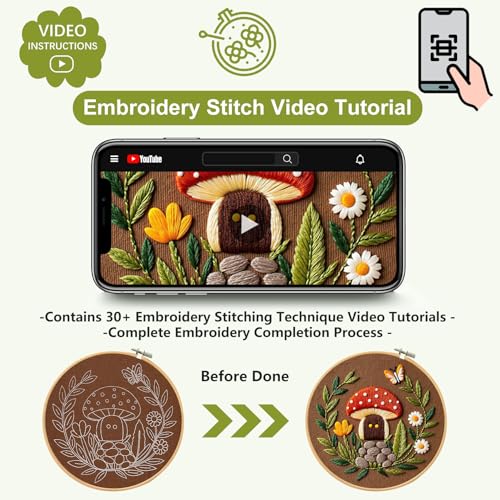 Santune 3 Pack Embroidery Kit Cross Stitch Needlepoint Kits for Beginners Adult Needle Point Sets with Mushroom & Horse Embroidery Patterns, Includes Step-By-Step Instructions & Accessories - color: Mushroom & Horse Series