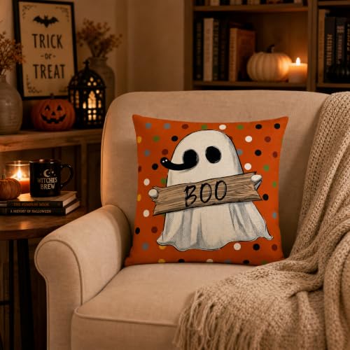 Ghost Holding Boo Sign Linen Throw Pillow Cover 18x18 for Couch - color: Pa10065, size: 18" x 18" (Pack of 1)