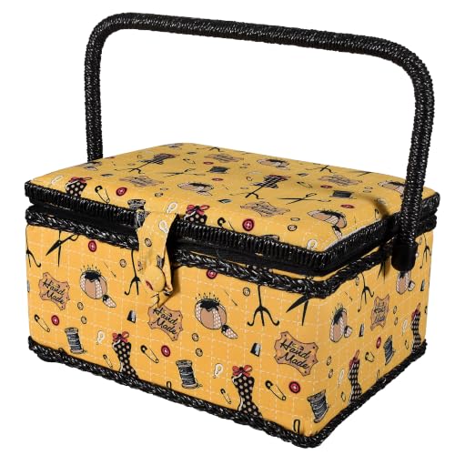 SINGER Sewing Basket, Sewing Kit with Notions, Handmade Print Design - color: Yellow Vintage Fabric