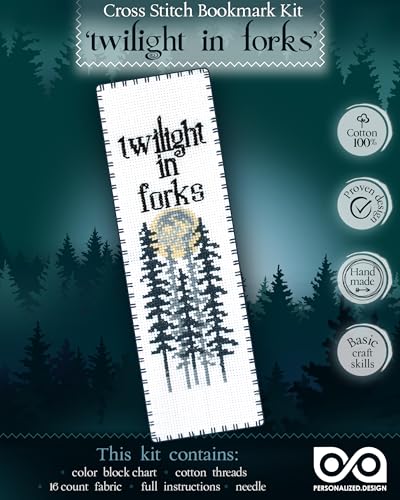 Personalized.Design Counted Cross Stitch Kit “Twilight in Forks” – DIY Hand Embroidery Bookmark Set – Gift for Vampire Romance Saga Book Fans