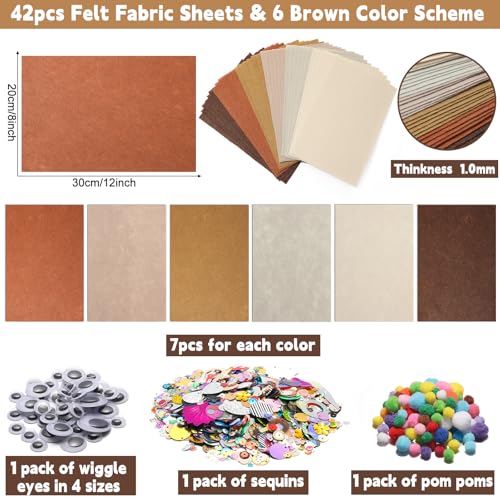 gisgfim 42Pcs Brown Felt Fabric Sheets Craft Kit 8 x 12 Inch Assorted Soft Thick Tan Felt Pack with Wiggle Google Eyes Pom Poms Glitter Patchwork Craft Supply for DlY Sewing Creative Art Project Decor - style: Brown Series