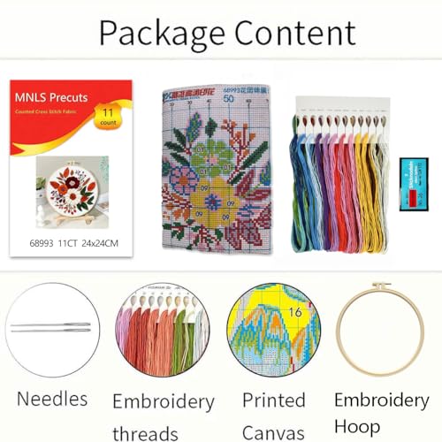 Zhenqing Floral Bouquet Cross Stitch Kit for Beginners - Complete Set with Pre-Printed 11CT 24x24cm Fabric, Hoop & Threads (68993) - color: 68993