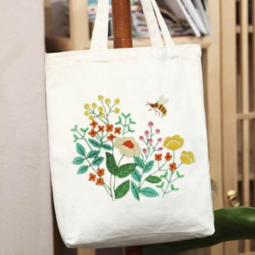 YANGSHINE Canvas Tote Bag Embroidery Kit with Pattern, Cross Stitch Kits for Beginners, Adults Arts Crafts Needlepoint Kit Include Embroidery Bag, Hoop and Instruction (Beige Bag, Flower and Bee) - color: Beige Bag, Flower and Bee