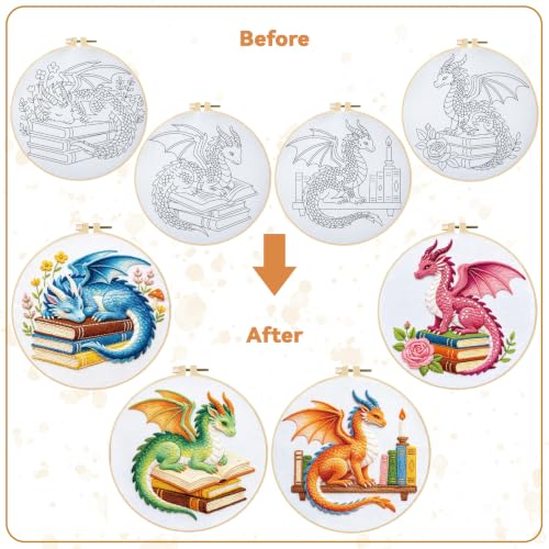 BEUNITONE 4 Set Embroidery Kits for Beginners with Dragon Pre-Print Patterns, DIY Craft Kits Include Instructions and 2 Embroidery Hoops, Cross Stitch Needlepoint Kits for Craft Lover and Home Decor - style: A-Dragon