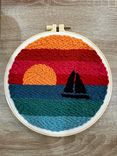 CELCRAFTIQUE Punch Needle Kits for Adults Beginner, Tool with Punch Needle Fabric, Hoops, Yarns and Sewing Needles (Style 3) - color: Sail At Sunset