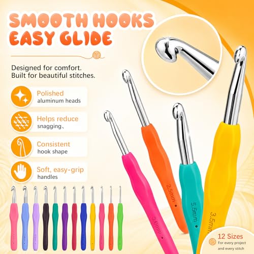 Crochet Hooks 12 Sizes Crochet Hook Set, 50 Pack Yarn Crochet Kit for Beginners, Knitting Needles with Ergonomic Handles for Arthritic Hands, Crochet Needle Kit with Blue Case for Crocheters