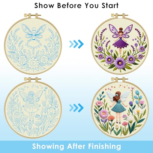 ERKOON Embroidery Kit for Beginners, 2 Set Flower Cross Stitch Set Include Embroidery Cloth Hoops Threads for Craft Lover Hand Stitch with Embroidery Skill Techniques (Angel) - color: Angel