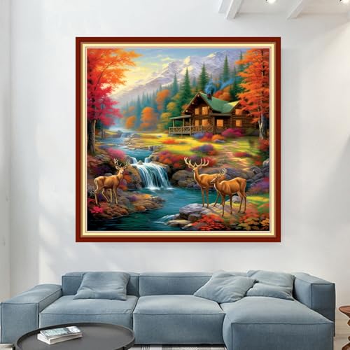 Magxvouy Cross Stitch Kits Stamped Full Range of Embroidery Kits,Cross Stitch Patterns Needlework Kits for Beginners 11CT Printed Kits&Deer by the Lake 18x18 inch - color: Artcolor20