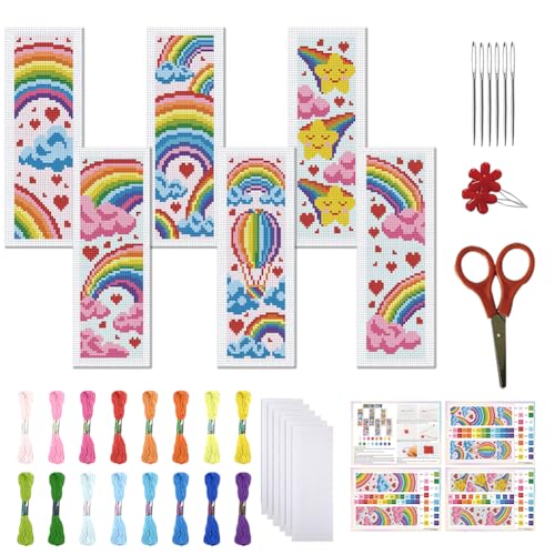 FREEBLOSS 6 Set Cross Stitch Bookmark Kit 11 CT Stamped Cross Stitch Kit DIY Embroidery Bookmark Kits for Adult Beginners with Instructions, Rainbow Pattern, 6 x 20 cm/8" x 2.4" - style: Rainbow Cloud