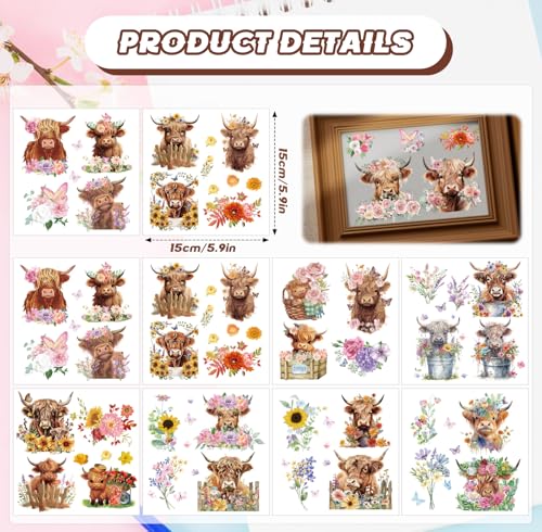 Wxiben 12 Pcs Highland Cow Floral Rub on Transfers for Crafts and Furniture - style: Highland Cow