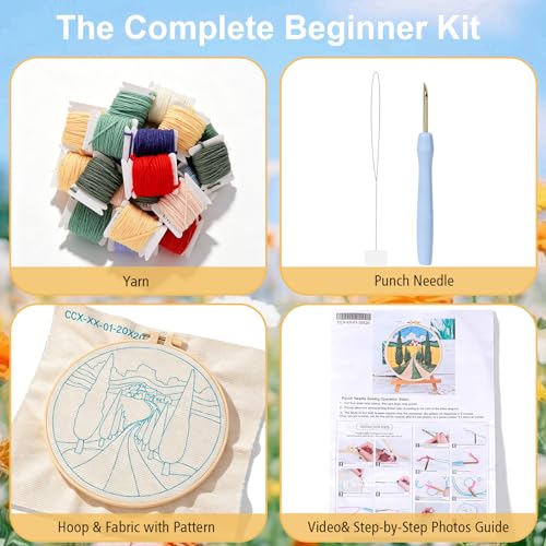 LACHLAND Punch Needle Kit for Beginners, Village Punch Embroidery DIY Craft Supplies with Hoop Yarn & Tool Handmade Wall Art Gift for Adults Teens Seniors Hobby - color: Village