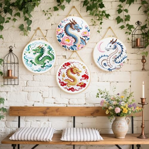 FREEBLOSS 4 Sets Embroidery Kit for Beginners Needlepoint Dragon&Cloud Stamped Embroidery Starter Kit with Instructions, Needles, Threads, 2 Hoops 11.6"/29.5CM - style: Traditional Dragon