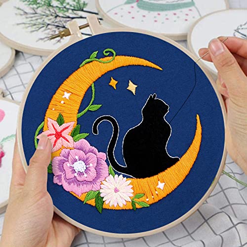 Louise Maelys Cat Moon Embroidery Kit for Beginners Floral DIY Craft Set - color: kit-18