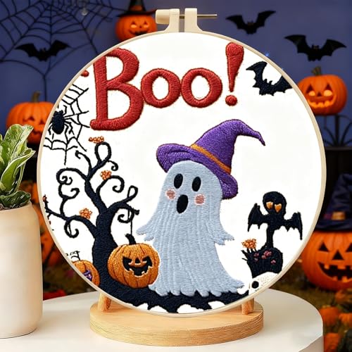 Zhenqing Halloween Ghost Embroidery Kit for Beginners, Cute Boo Needlework Kit with Pre-Printed Cotton Fabric, 20cm Hoop, Threads & Tools, Spooky DIY Wall Decor (C0117) - style: Halloween Ghost