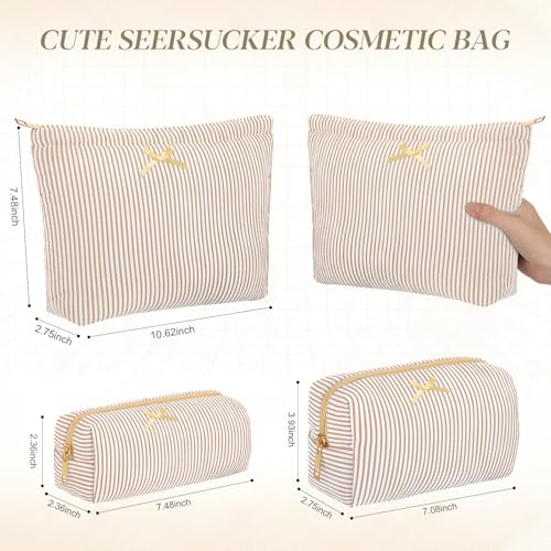 Sanwuta 3 Pcs Seersucker Pouch Cosmetic Bag Set,Khaki - color: Khaki