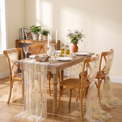 Beige White Floral Gauze Table Runner 10ft Embroidery Spring Tulle Linens - color: Beige, size: 27"x120",6pcs