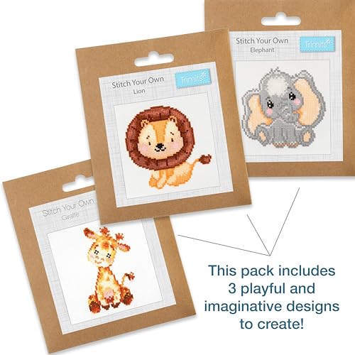 Trimits 3PK Cross Stitch Bundle – Counted Embroidery Kit, Beginner & All Level Starter Set, Complete with Instructions & Thread Children Wall Home DIY Décor – 13x13cm – Giraffe, Elephant, Lion - style: Giraffe, Elephant, Lion