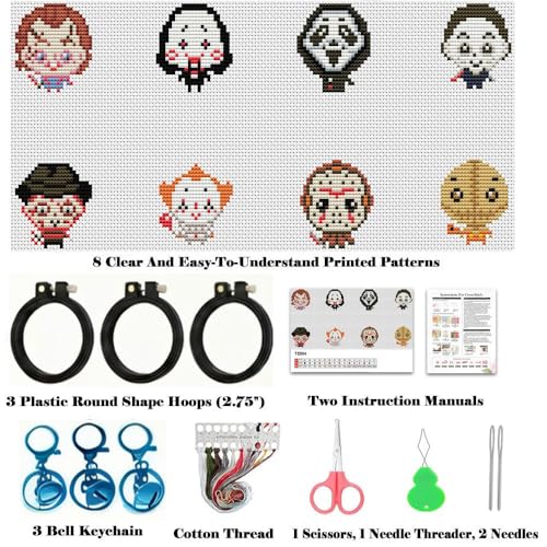 8 Pack Horror Stamped Cross Stitch Kits for Kids Beginners with Frame - color: Horror Cross Stitch keychain