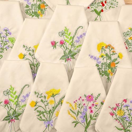 Tioncy 6 Pcs Floral Embroidery Napkins 18" Embroidery Flower Linen Cotton Napkin Bulk for Wedding Tea Cocktail Spring Flower Birthday Party Table Centerpiece Mexican Kitchen Curtain Decor (Linen) - color: Gray