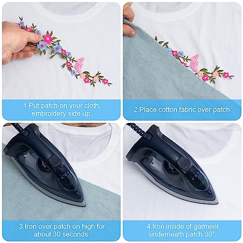 CHANZET Flower Iron On Patches 4pcs, Butterfly Flower Embroidered Patches, Floral Applique Embroidery Patches for Clothes Dresses Decorative DIY Craft Sewing
