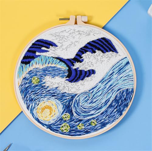Meecaa Starry Sky Abstract Landscape Embroidery Kit Starter Set, Hand Embroidery Set,Pattern Printed Cross Stitch Set for Beginner Adults, with Embroidery Hoop and Instructions (Starry Sky 2) - color: Starry Sky 2