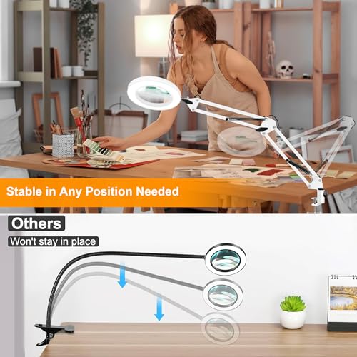 10X Magnifying Glass with Light and Stand, Magnifier with Light Hands Free, 3 Color Modes 10 Level Dimmable, Magnifying Real Glass LED Desk Lamp for Close Work, Repair, Reading, Craft, White
