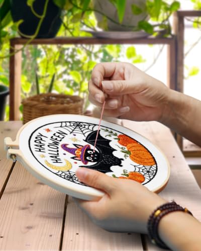 TINDTOP Halloween Embroidery Kit for Adult, Embroidery DIY Starter Kit, with Stamped Patterns, Hoop, Tools, Colorful Threads with Needles, Instructions (Halloween D) - color: Halloween D