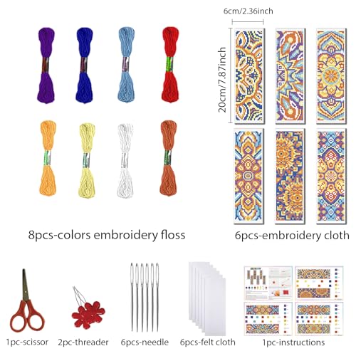 FREEBLOSS 6 Set Mandala Stamped Cross Stitch Bookmark Kits Cross Stitch Kit Embroidery Bookmarks Kit for Adults Beginners with Backing Felt Embroidery Floss DIY Bookmark Kit for Book Lovers 8x2.4'' - style: Mandala