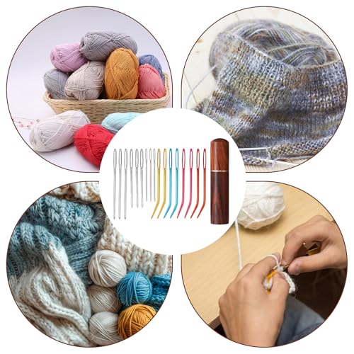 17pcs Large Eye Sewing Needles Kit with Wooden Case, Blunt Darning & Bent Tapestry Hand Yarn Needles Tool Supplies for Crochet Knitting Kandi Embroidery Projects